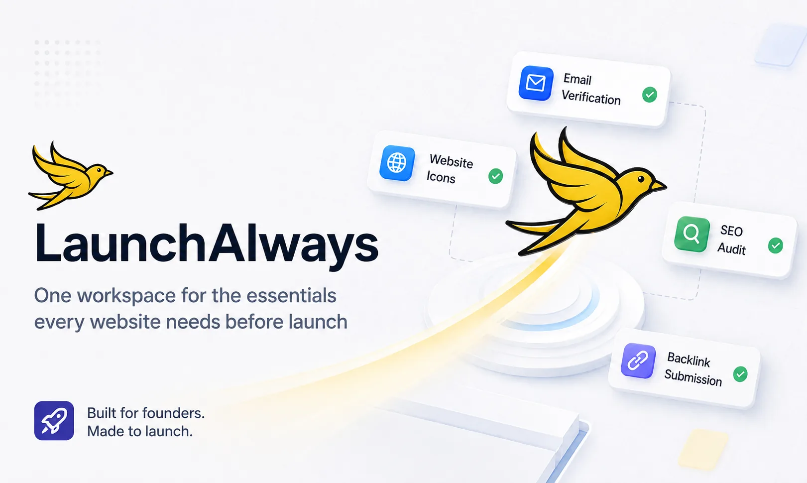 LaunchAlways overview showing SEO Audits, Automated Backlink Submission, Website Icons, and Email Verification API in one launch workspace